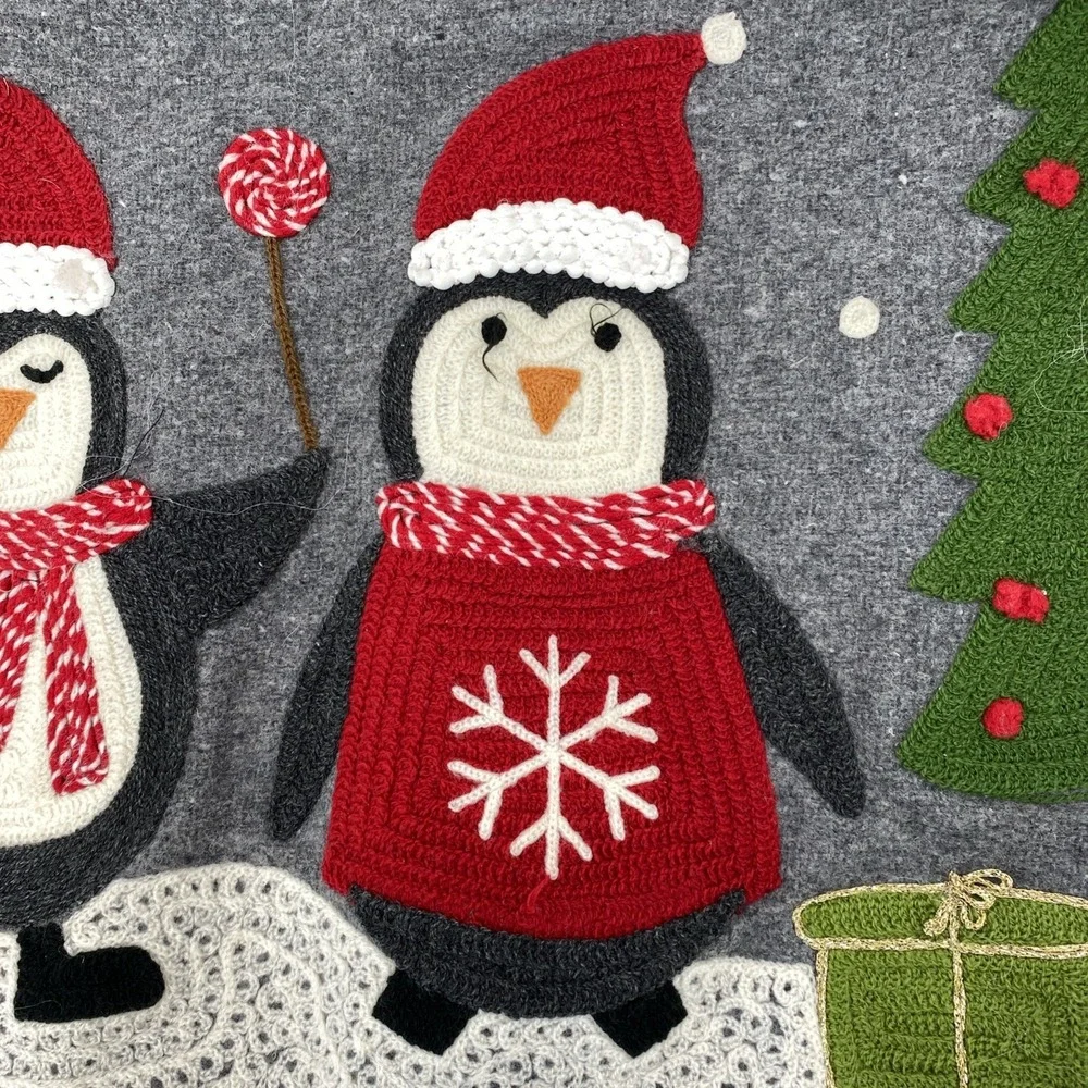 Rachel Zoe Table Runner Christmas Penguins Santa Embroidered Charcoal Gray Wool